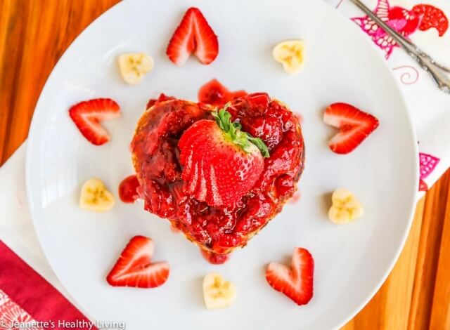 Whole Wheat Buttermilk Banana Chocolate Chip Pancakes with fresh Strawberry Sauce - treat your loved ones to a gorgeous stack of these pancakes for Valentine's Day or any other special occasion!
