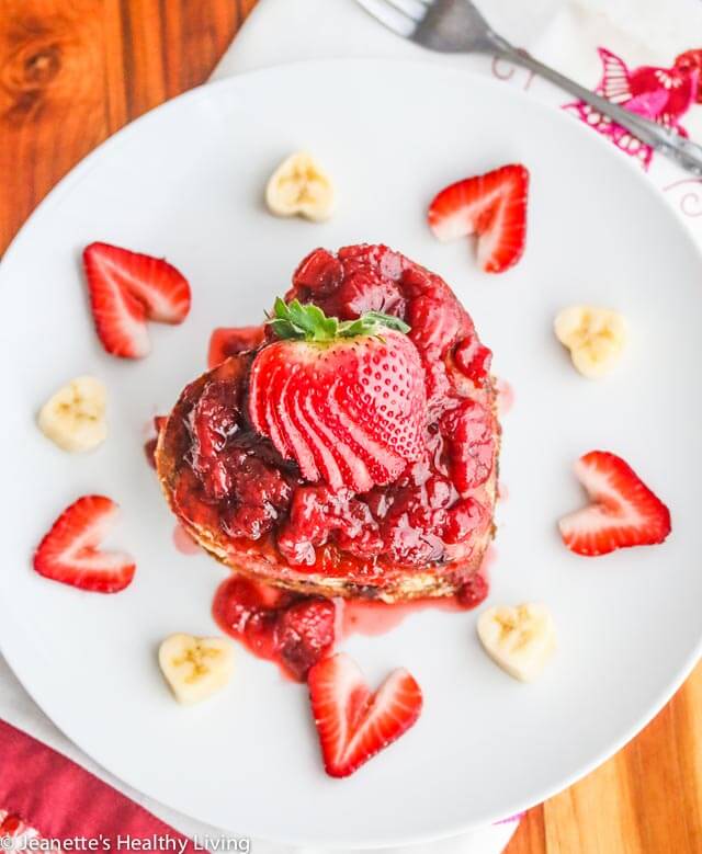 Whole Wheat Buttermilk Banana Chocolate Chip Pancakes with fresh Strawberry Sauce - treat your loved ones to a gorgeous stack of these pancakes for Valentine's Day or any other special occasion!