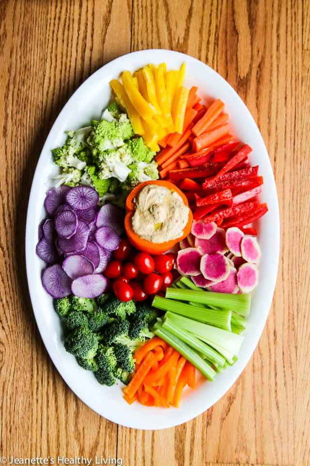 Sun Dried Tomato Hummus with Crudite Platter - this delicious sun dried tomato hummus compliments this rainbow of vegetables perfectly