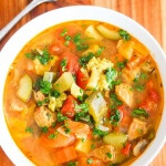 Daniel Plan Vegetable Lentil Chicken Sausage Soup - this soup is packed with healthy ingredients - turmeric, lots of fresh vegetables, lentils and some chicken sausage for flavoring