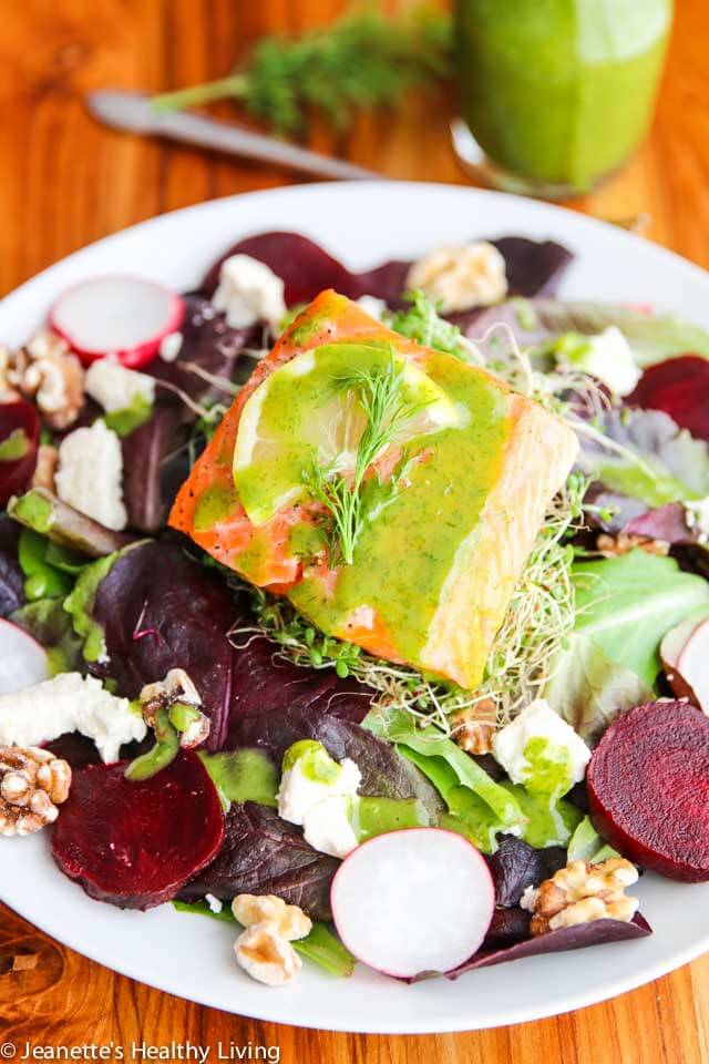 Salmon Roasted Beet Feta Salad with Dill Salad Dressing - this is a healthy delicious main course salad - the dill dressing is the key to this salad!