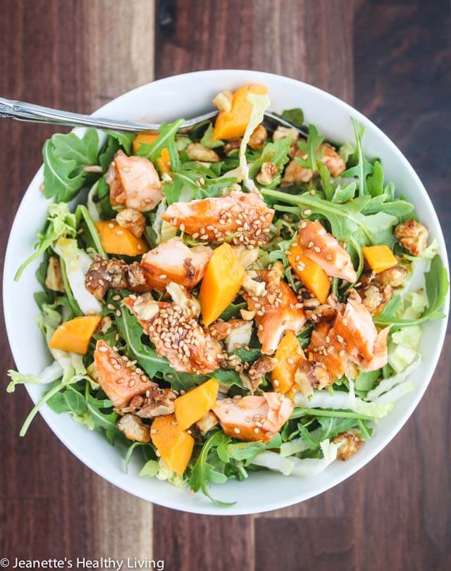 Asian Salmon Arugula Napa Cabbage Mango Salad with Candied Walnuts - this salad is deliciously light and hearty enough for a main course salad