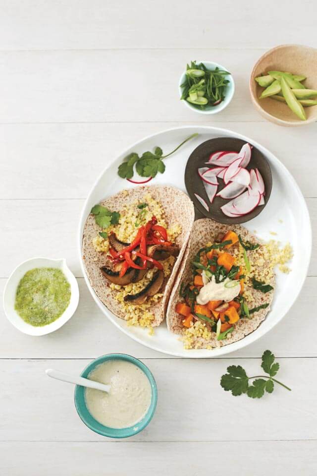 Breakfast Millet Tacos Two Ways - these tacos are vegan, and can be enjoyed for breakfast, lunch or dinner. From Amie Valpone's new cookbook.