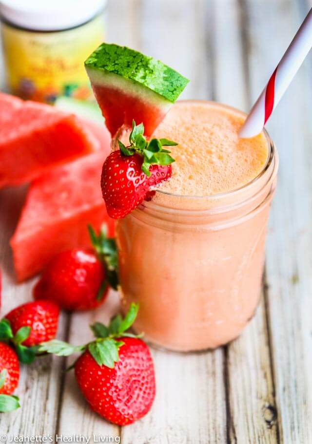 Watermelon Strawberry Coconut Water Smoothie - this smoothie is refreshing, hydrating and healthy with a nutrient booster https://jeanetteshealthyliving.com