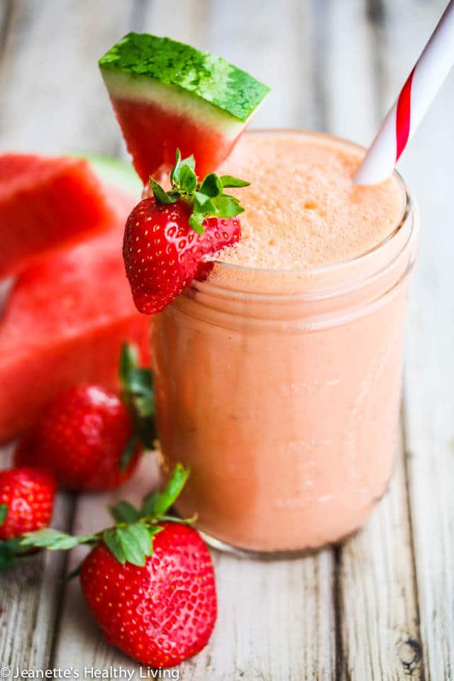 Watermelon Strawberry Coconut Water Smoothie - this smoothie is refreshing, hydrating and healthy with a nutrient booster https://jeanetteshealthyliving.com