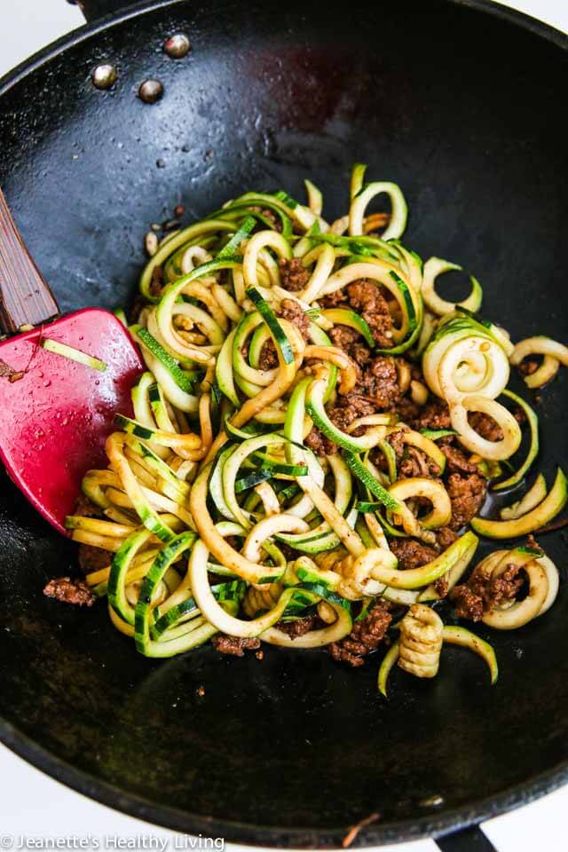 Chinese Five Spice Ground Turkey Zucchini Noodles - this is a low carb version of a popular Chinese noodle dish. Delicious and very satisfying! ~ https://jeanetteshealthyliving.com