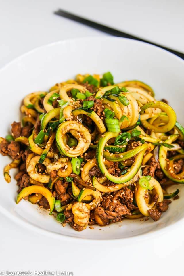Chinese Five Spice Ground Turkey Zucchini Noodles - this is a low carb version of a popular Chinese noodle dish. Delicious and very satisfying! ~ https://jeanetteshealthyliving.com