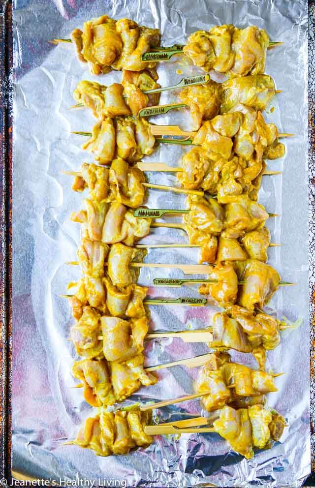 Thai Chicken Satay Skewers - these are perfect for summer barbecues as an appetizer or dinner. Serve with Thai peanut sauce | https://jeanetteshealthyliving.com
