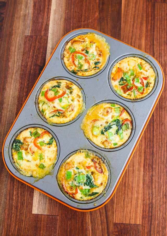 Breakfast Shrimp Egg White Muffin Cups - 60 calories and 9 grams of protein each make for a healthy breakfast. They reheat well and are portable, perfect for busy weekdays! ~ https://jeanetteshealthyliving.com