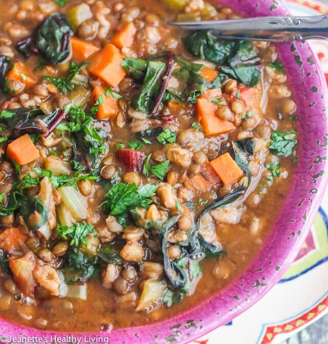 Lentil Vegetable Farro Chard Soup - a nutritious, hearty soup packed with vitamins and minerals, fiber and protein ~ https://jeanetteshealthyliving.com