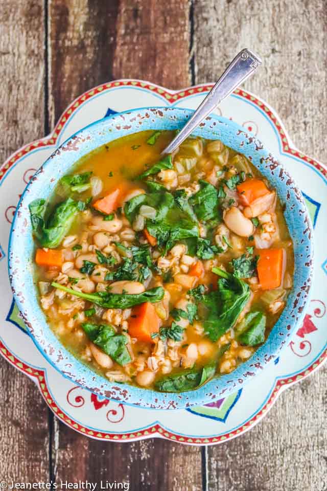 Spinach Vegetable Barley Bean Soup - a nutritious, hearty soup packed with vitamins, minerals, and antioxidants - perfect for Fall and Winter ~ https://jeanetteshealthyliving.com