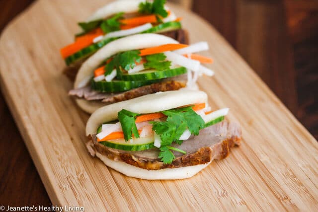Sous Vide Pork Loin Banh Mi Buns - sous vide pork loin is juicy and tender, and makes a delicious appetizer or small bite served with pickles, cucumber and black garlic mayonnaise