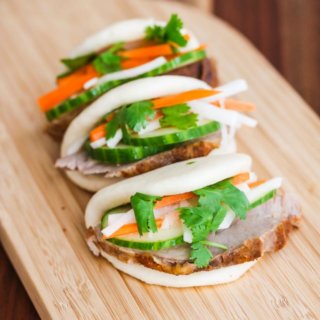 Sous Vide Pork Banh Mi Buns - sous vide pork is juicy and tender, and makes a delicious appetizer or small bite served with pickles, cucumber and black garlic mayonnaise