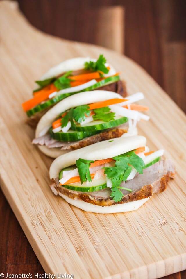 Sous Vide Pork Loin Banh Mi Buns - sous vide pork loin is juicy and tender, and makes a delicious appetizer or small bite served with pickles, cucumber and black garlic mayonnaise
