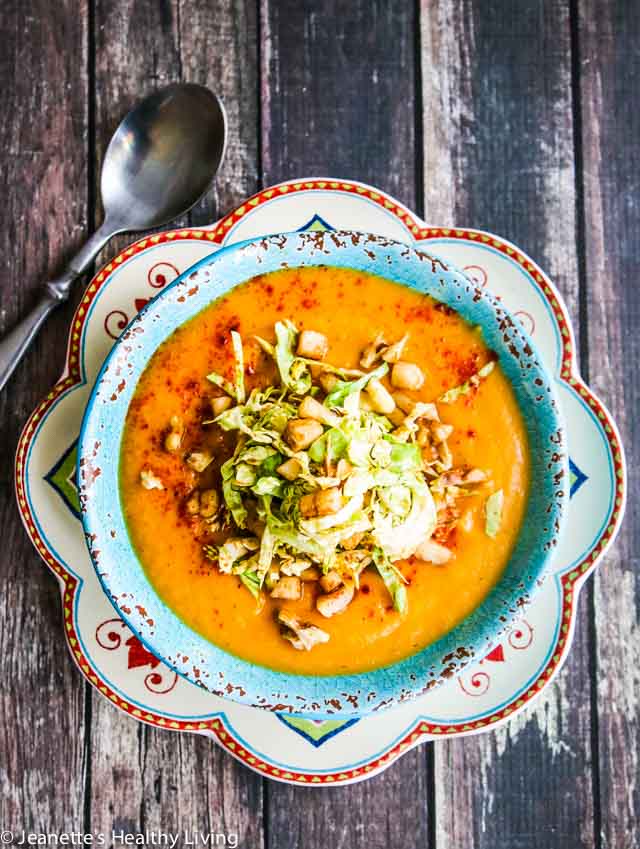Roasted Root Vegetable Soup with Brussels Sprout Pear Topping - this velvety smooth soup is topped with a cool crisp salad. Vegan too.
