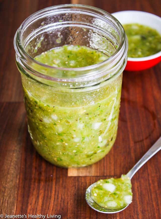 Roasted Tomatillo Salsa - this roasted version of salsa verde has some heat and smokiness. Delicious as a dip, condiment or served on top of salads