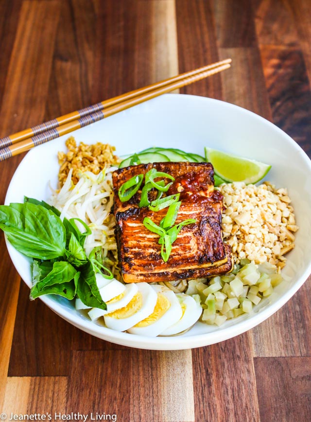 Cambodian Sweet Soy Noodle Bowl - vegetarian (vegan adaptable) lunch/dinner with broiled tofu, crushed peanuts, pickled vegetables, bean sprouts and hard boiled egg