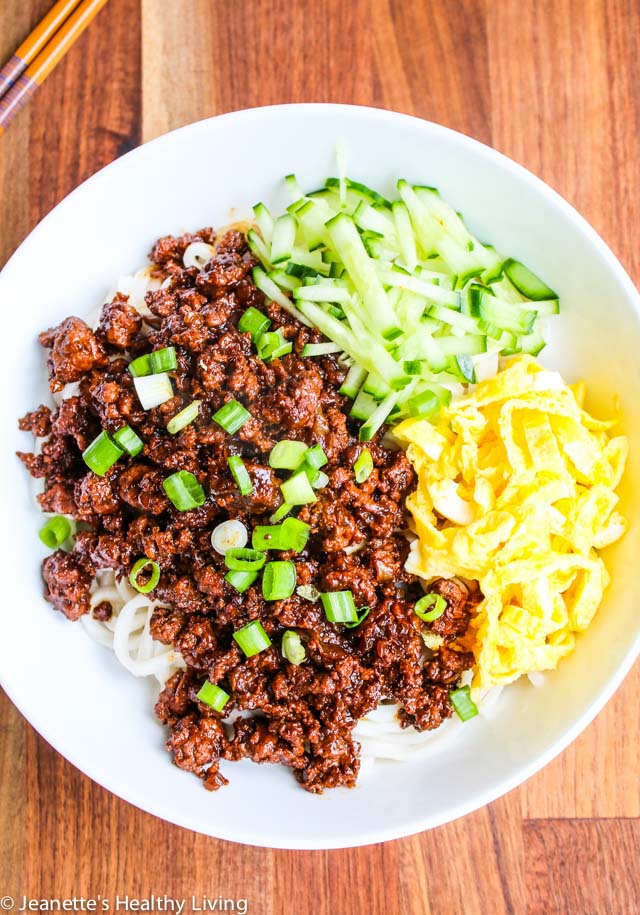 Zha Jiang Mian - easy, delicious Chinese meat sauce over noodles with cucumbers and shredded egg omelet