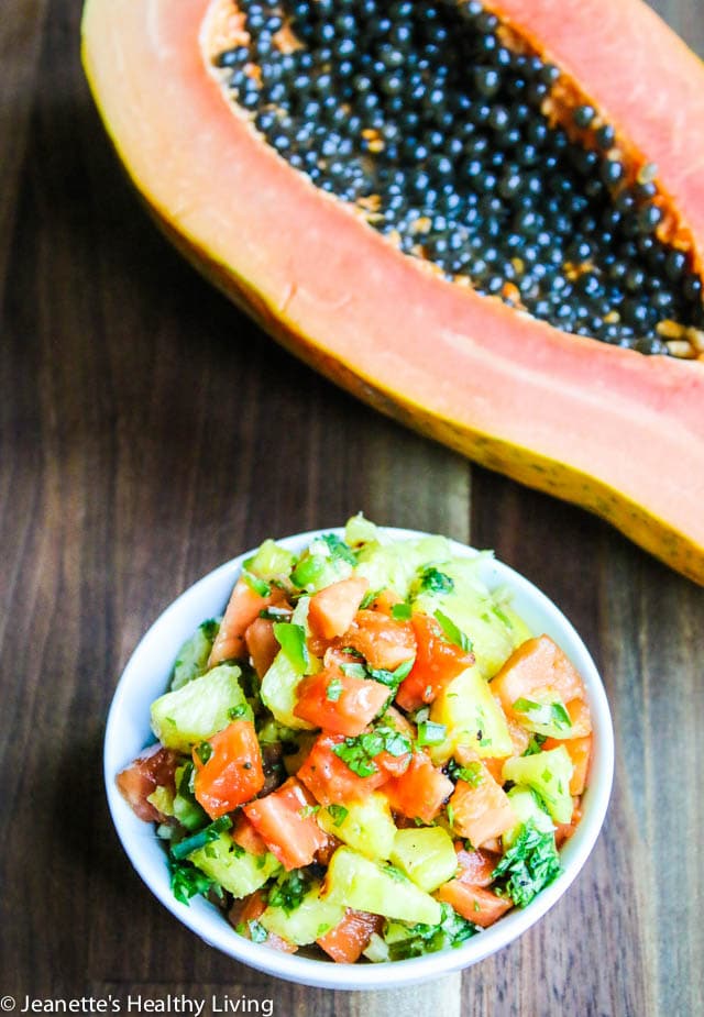 Grilled Papaya Pineapple Salsa - grilling fruit concentrates the sugar and flavor - serve this sweet salsa over grilled shrimp, fish or chicken