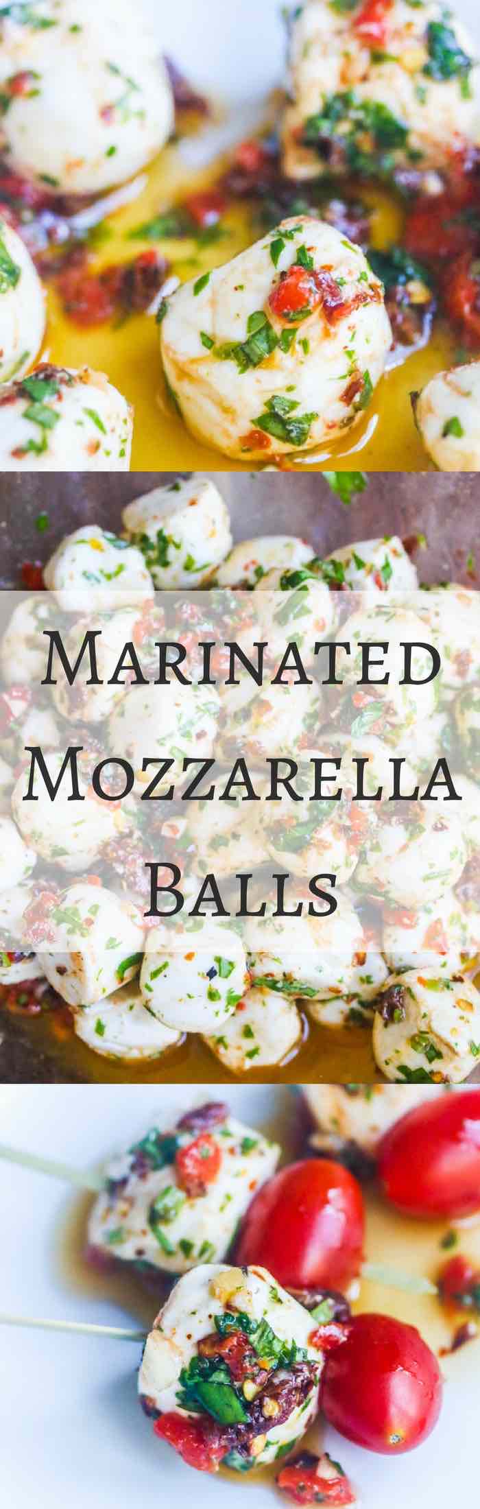 Marinated Mozzarella Balls - skewer with cherry tomatoes for a party appetizer - always a party favorite - super easy and delicious