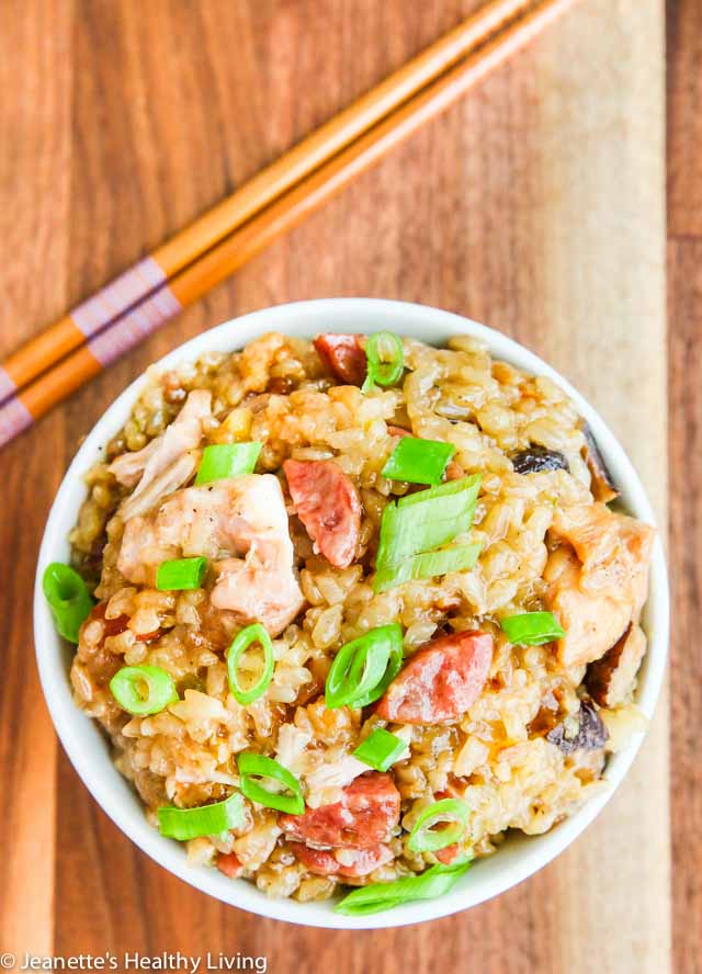 Instant Pot Chinese Sticky Rice - traditional Chinese dish featuring Chinese sausage, chicken and shitake mushrooms; 12 minutes cooking time using pressure cooker setting