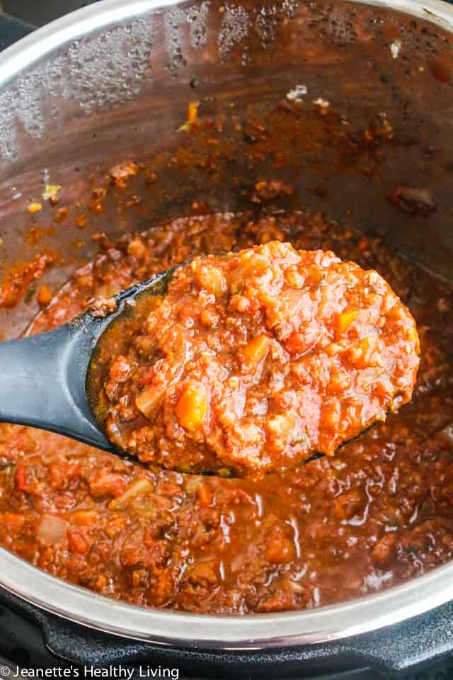 Instant Pot Turkey Bolognese Sauce - cooks in 20 minutes; healthy, lighter version of a family favorite. Serve over zucchini noodles for an even lighter meal