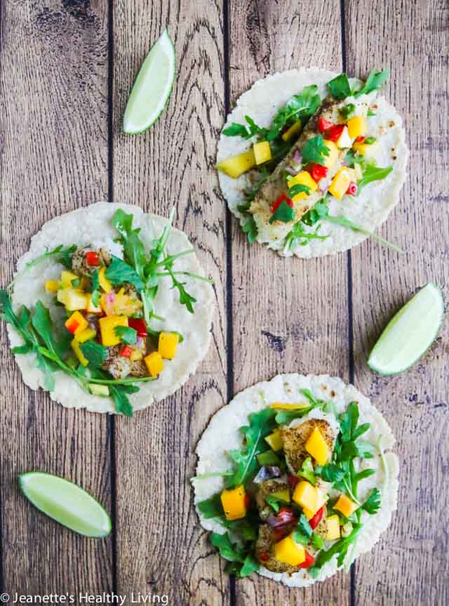 Pan Roasted Cod Fish Tacos - quick and easy to cook, this is a delicious, light and healthy fish taco. Delicious served with fresh mango salsa on top.