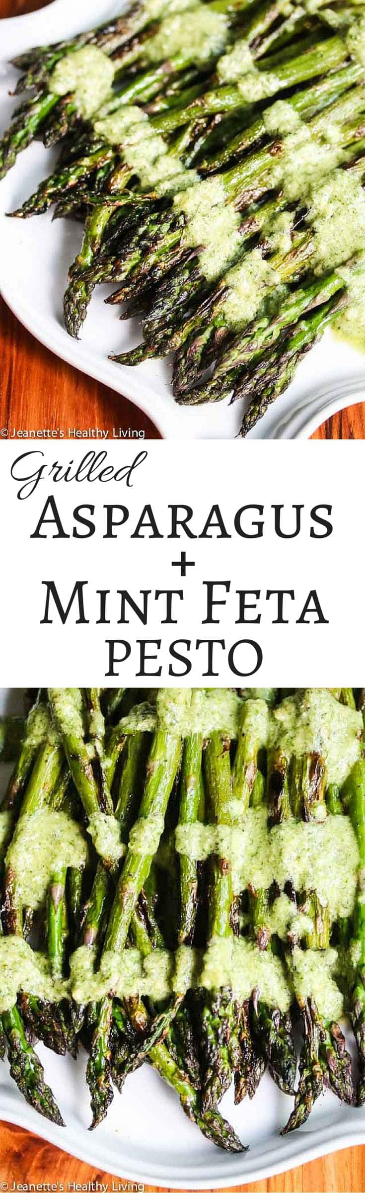 Grilled Asparagus with Mint Feta Pesto - the fresh tangy mint feta topping brings grilled asparagus up a notch.
