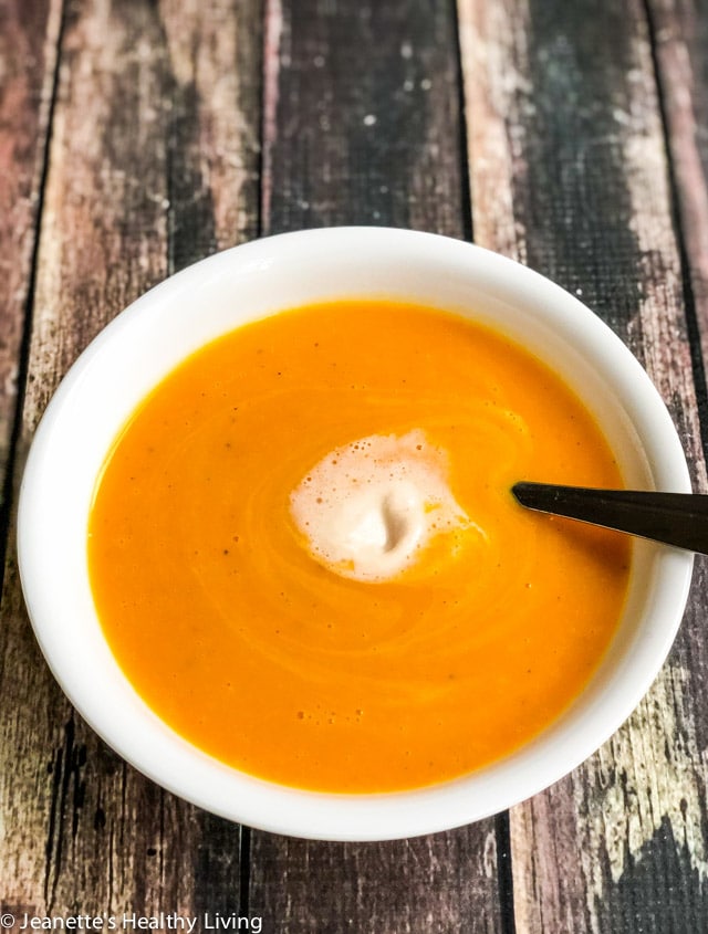 Roasted Butternut Squash Apple Soup - served with maple syrup coconut cream - vegan and vegetarian friendly