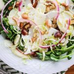 Shaved Cauliflower Salad with Pickled Onion Pears Brussels Sprouts Watercress Medjool Dates and Cashews - crunchy, juicy and sweet, this healthy salad is drizzled with a honey balsamic flax seed oil dressing