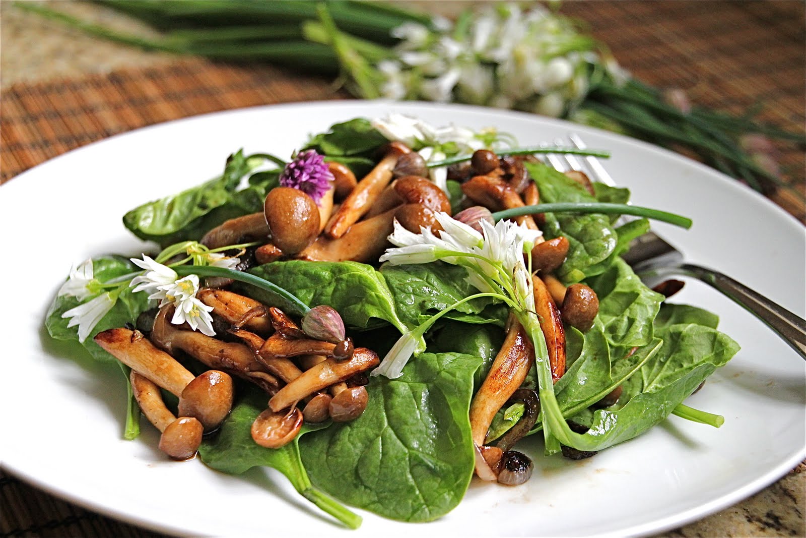Warm Mushroom Spinach Salad with Fresh Arugula Flowers and Chives -  Jeanette's Healthy Living